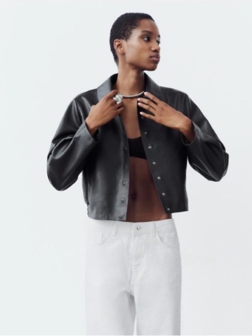 Zara Black Cropped Faux Leather Bomber Jacket